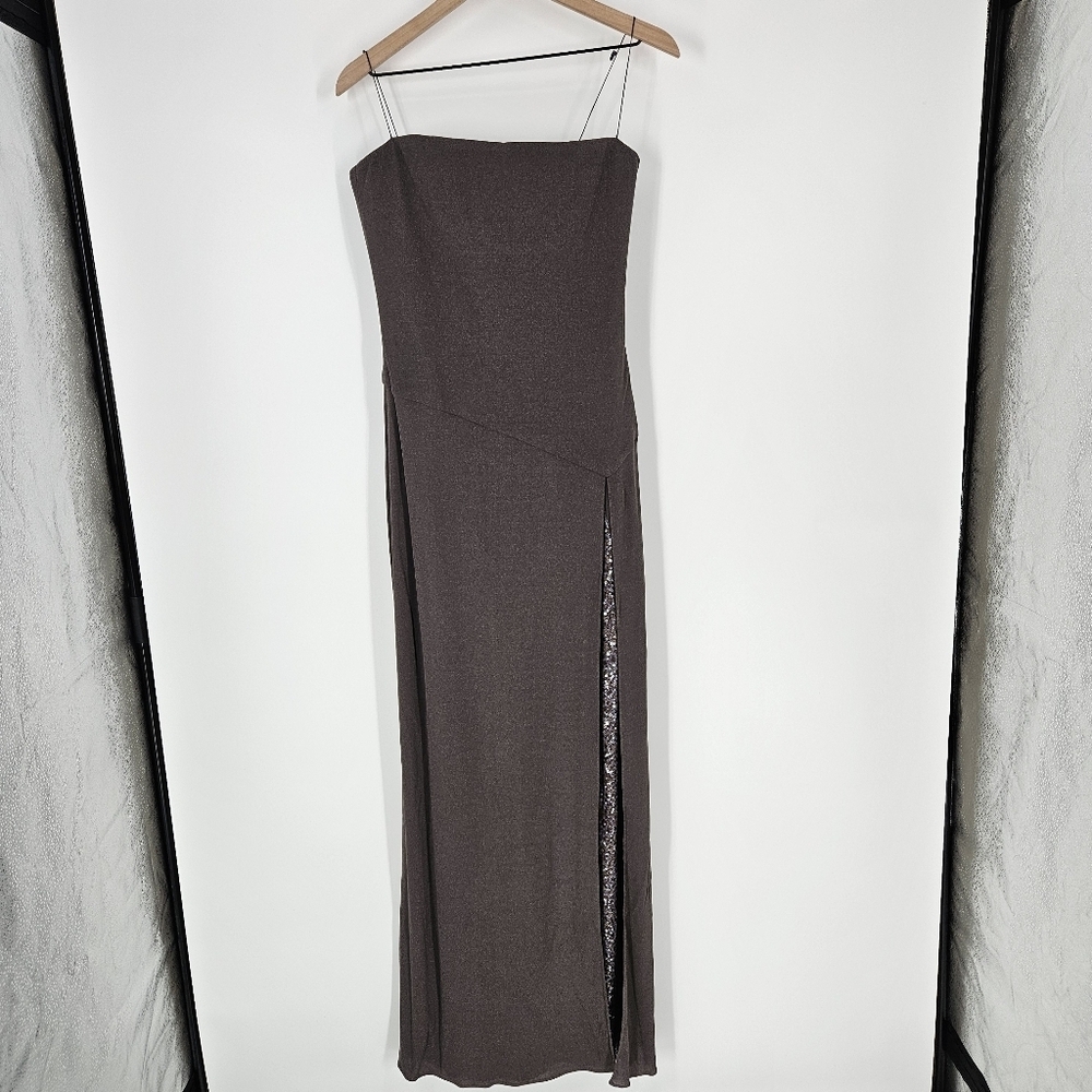 Halston Gray Spaghetti Strap Sequin Detail Full Length Gown - Picture 2 of 15